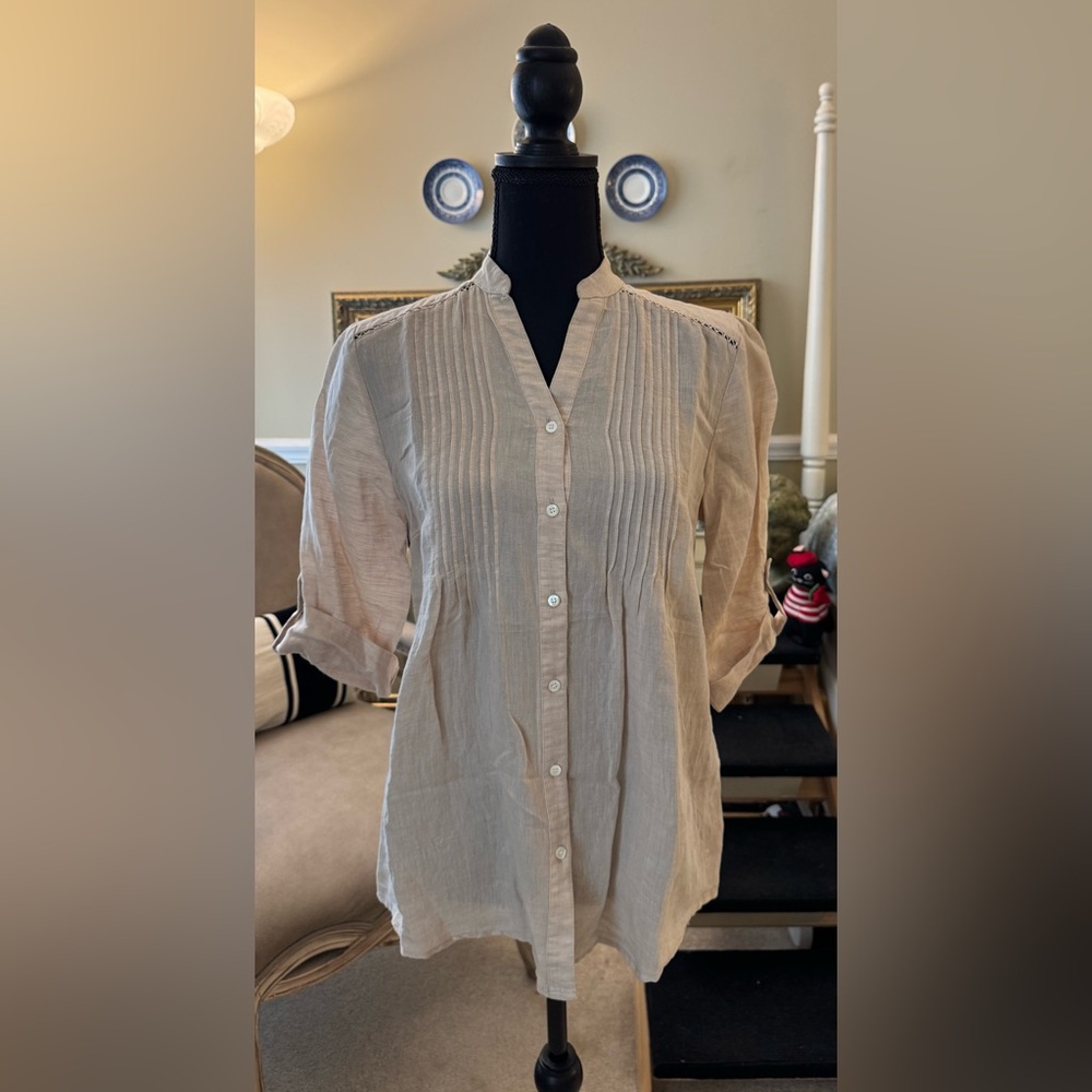 J. McLaughlin Tan Linen Pleated Blouse NWT, size XS